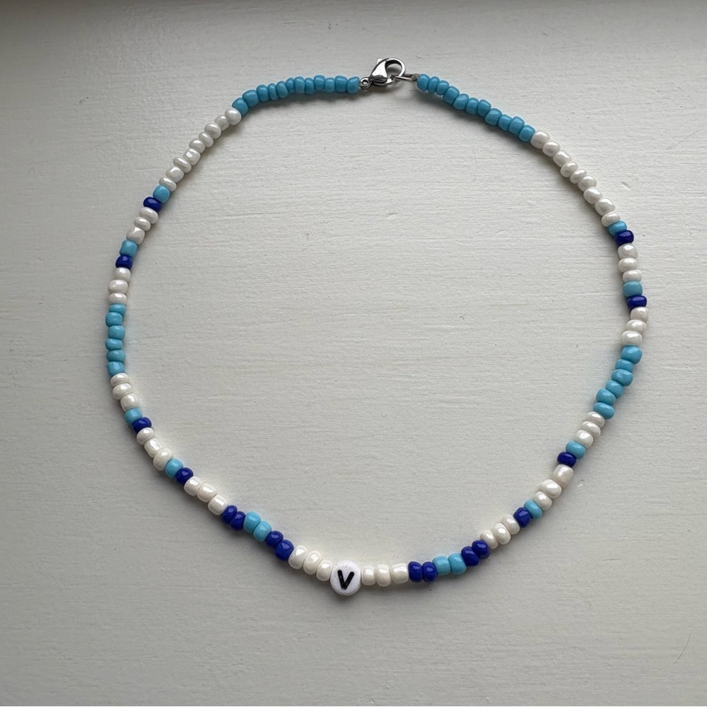 Handmade Blue and White Beaded ‘V’ Necklace